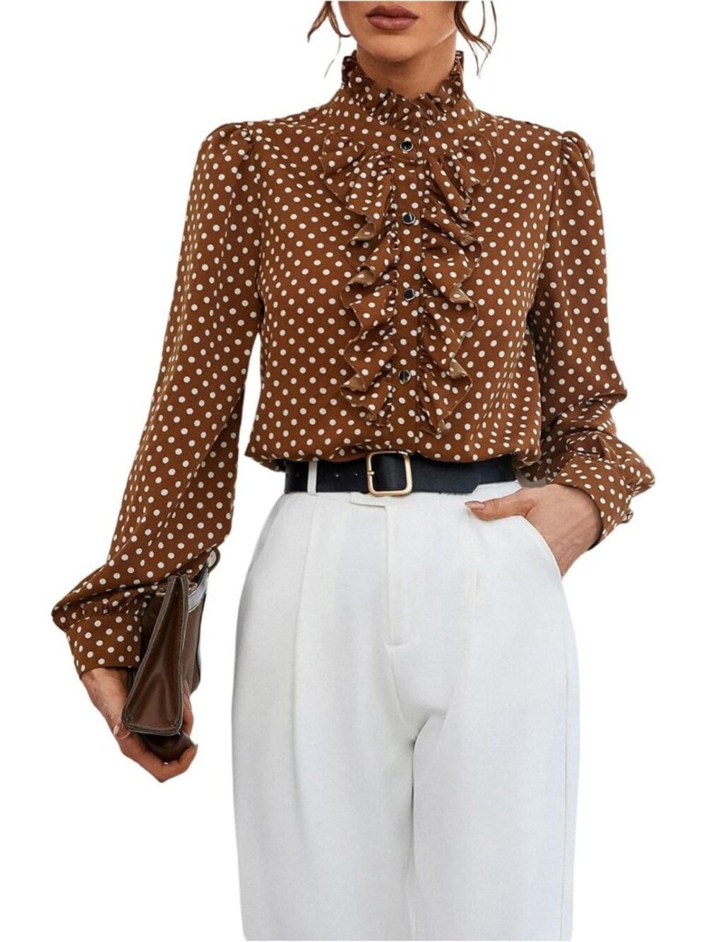 Chic Polka Dot Long Sleeve Ruffle Blouse - Stylish Business Casual Top for Women